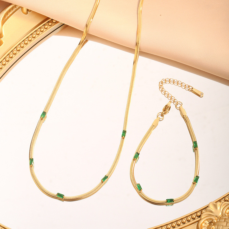 European and American Elegant Square Zircon Blade Chain Colorful Zircon Titanium Steel Necklace for Women Fine Versatile 18K Gold Plated Bracelet Set