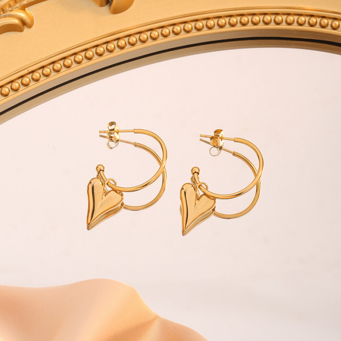 French INS Trend Minimalist Luxury Fashion Simple Heart Necklace for Women Titanium Steel 18K Gold Plated Earrings Se...