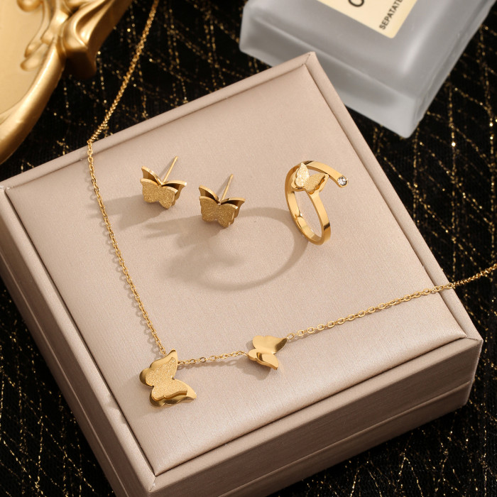 Minimalist Korean Style Matte Butterfly Pendant Titanium Steel Necklace Earrings Ring Jewelry Set Gold Plated Fashion...