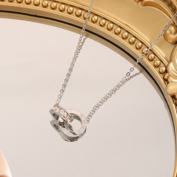Japanese and Korean Popular Roman Digital Double Ring Fully Stone-Set Titanium Steel Necklace Women's Light Luxury All-M...