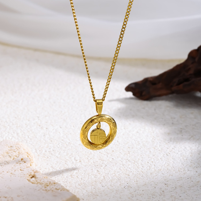 Cross-Border Foreign Trade Lucky Bag Wealthy Round Stainless Steel Necklace for Women National Style Fortune Character Light Luxury Versatile Trendy Collarbone Chain