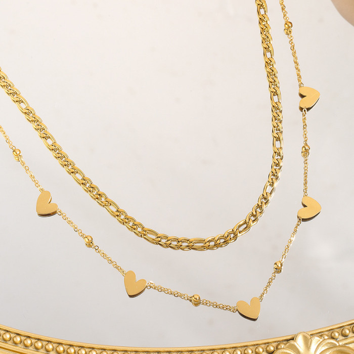Versatile Double-Layer Stacked Heart Necklace Fashion Stainless Steel Elegant Stainless Steel Metal Gold Plated Chain
