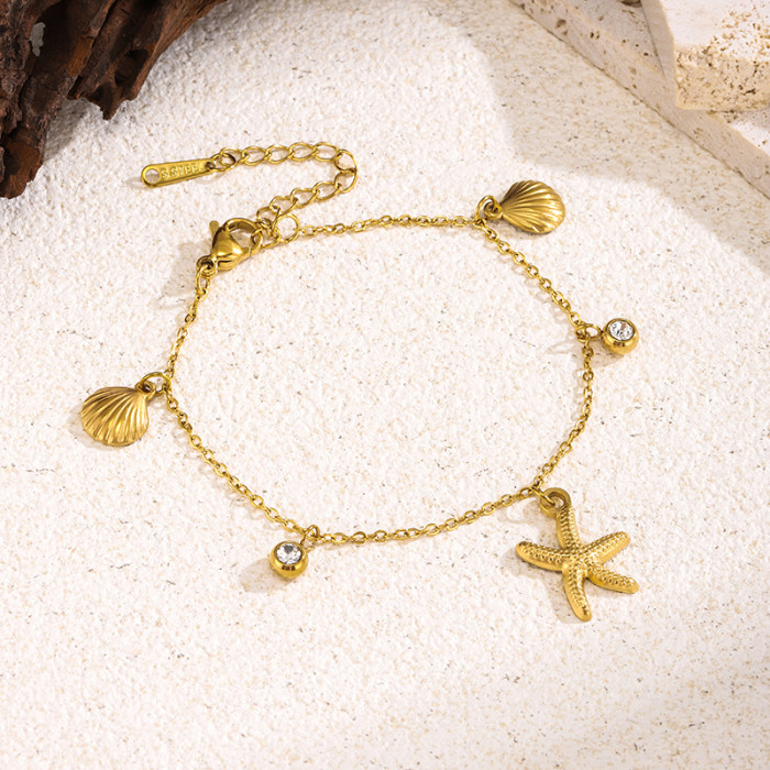 European and American Style Real Gold Plated Ocean Wind Shell Starfish Zircon Titanium Steel Necklace for Women Exquisite Light Luxury Collarbone Chain Non-Fading