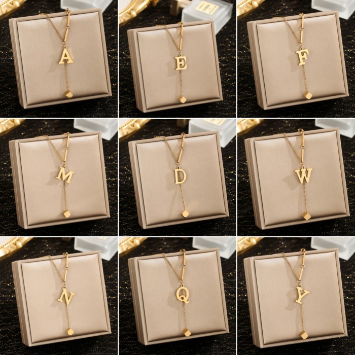 Jewelry Niche High-End Stainless Steel 26 Letter Necklace for Women Small Square Tassel Pendant Collarbone Chain