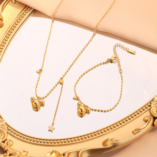 Cross-Border Hot-Selling French Minimalist Style Steel Bead Mouse Head Pentagram Necklace Collarbone Chain Titanium Steel 18k Jewelry Set