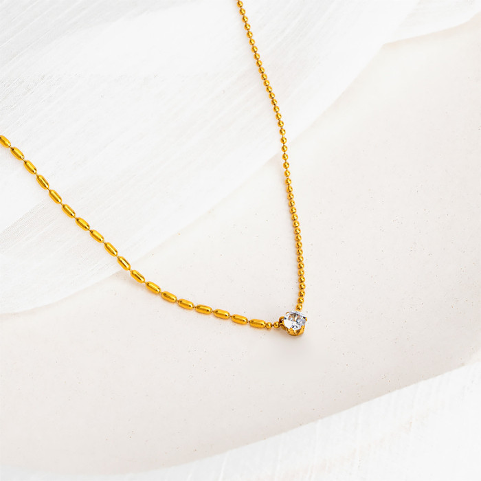 Minimalist Fashion Fresh Gold Bead Necklace for Women Titanium Steel Light Luxury Single Stone Collarbone Chain Stu...