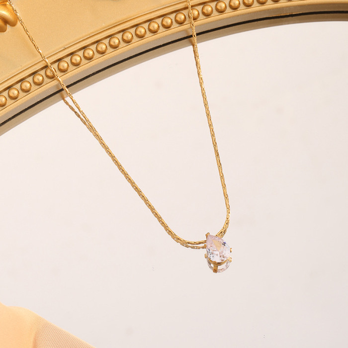 Single Stone Pear-Shaped Water Drop Necklace Titanium Steel 18K Gold Plated Non-Fading Simple Exquisite Collarbone...