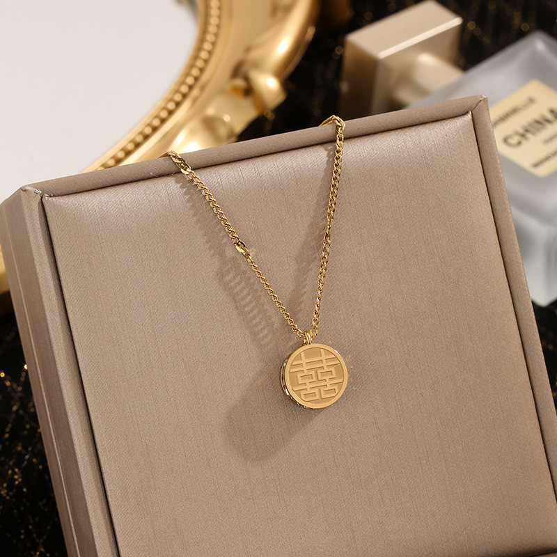 Inlaid Diamond Double-Sided Fu Xi Chain Style Necklace Titanium Steel Non-Fading Jewelry for Women Simple Fashion Retro National Trend Chinese Style