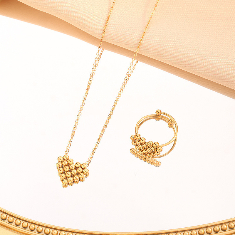 Korean Style Personality Trend Niche Popular Titanium Steel Gold-Plated Heart Bead Necklace Earrings Jewelry Set Wholesale