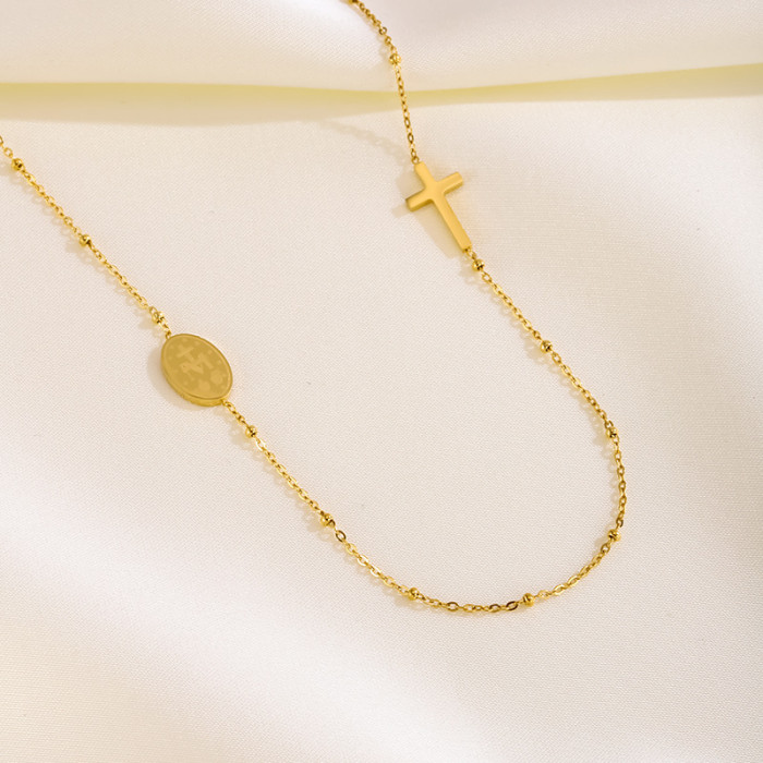 European and American Fashion Coin INS Style Cross Oval Pendant Collarbone Chain Necklace Titanium Steel 18K Gold Plated Jewelry Set