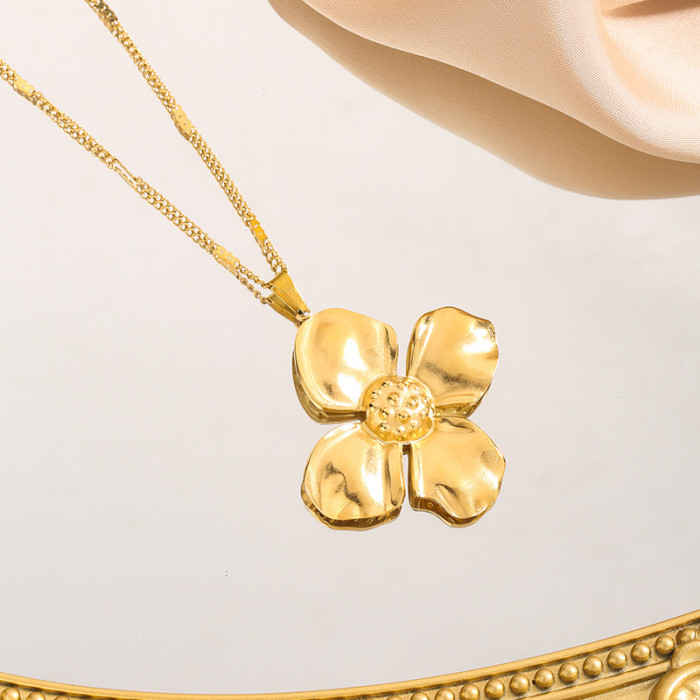Style Flower Titanium Steel Necklace for Women Simple Design Sense Vintage Freshwater Pearl Earrings Set Jewelry Whol...