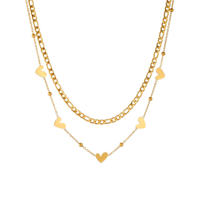 Fashion Versatile Double Layer Stacked Heart Chain Stainless Steel Metal Gold Plated Necklace Bracelet Set for Women,...
