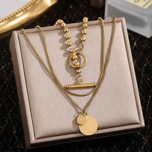 European and American Cross-Border Retro Multi-Layer Stacked Round Pendant Women's Avatar Pendant OT Buckle Titanium Steel Metal Light Luxury Niche Necklace
