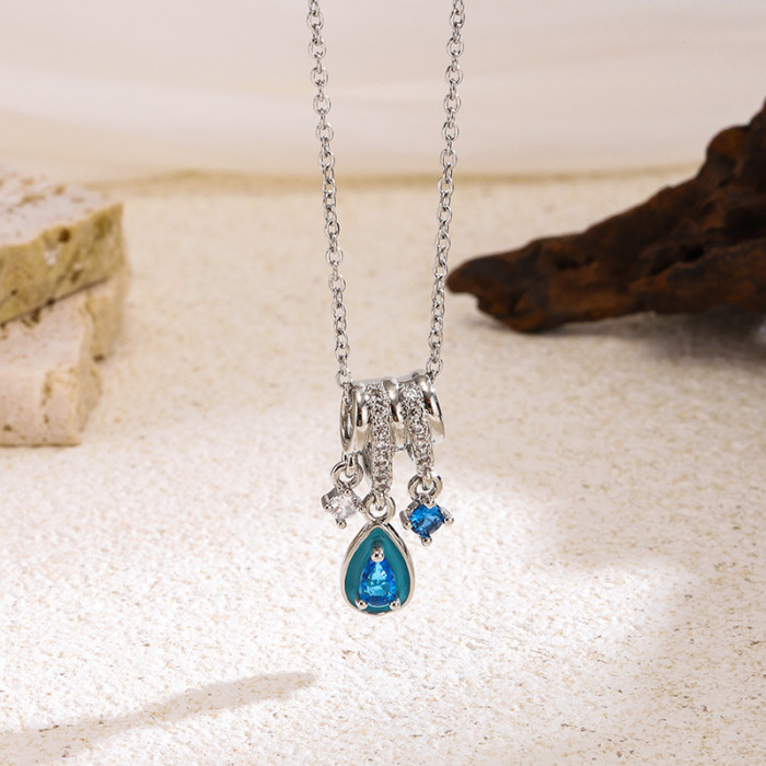 European and American Cross-Border Blue Tears Water Drop Tassel Zircon Titanium Steel Necklace for Women Fashionable Light Luxury Elegant High-End Clavicle Chain