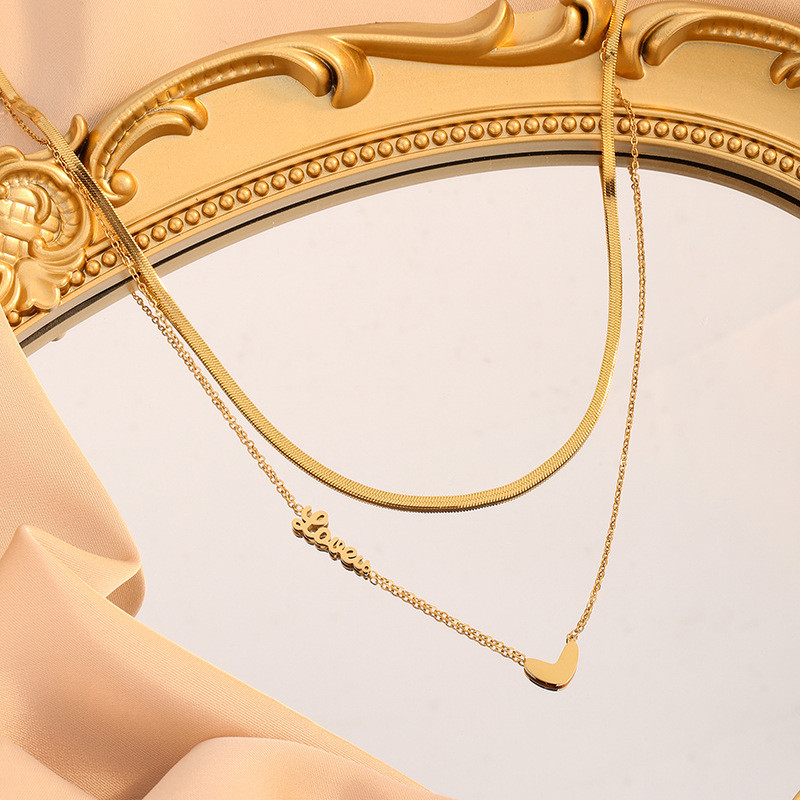 Double Layer Love Letter Heart Necklace for Women Collarbone Chain Pendant Titanium Steel 18K Gold Plated Rose Gold Accessories