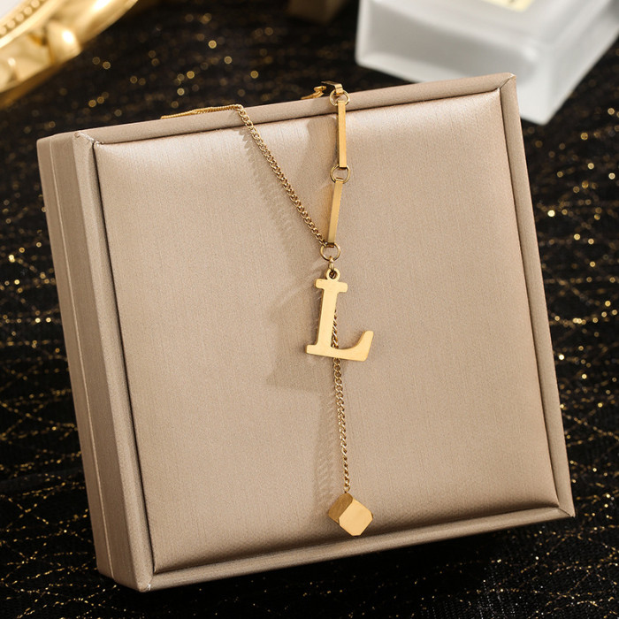 Jewelry Niche High-End Stainless Steel 26 Letter Necklace for Women Small Square Tassel Pendant Collarbone Chain