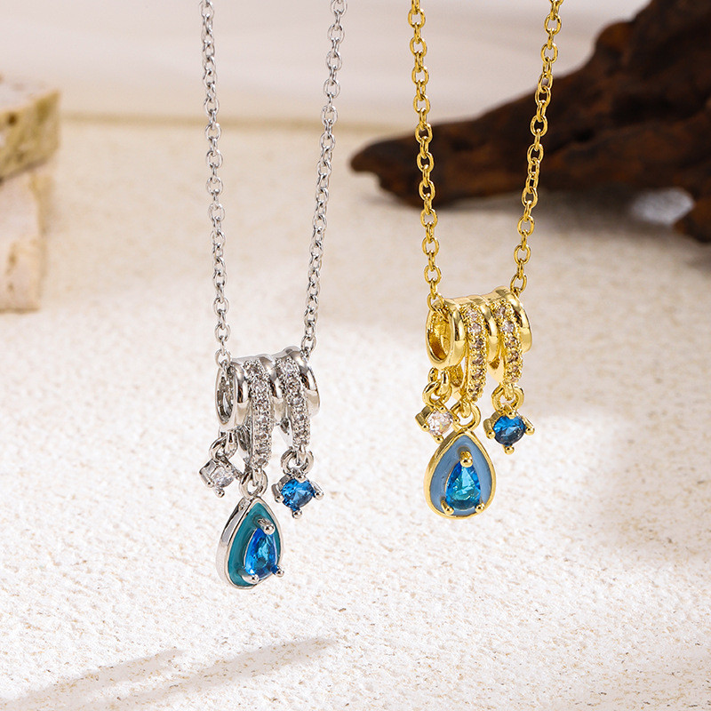 European and American Cross-Border Blue Tears Water Drop Tassel Zircon Titanium Steel Necklace for Women Fashionable Light Luxury Elegant High-End Clavicle Chain