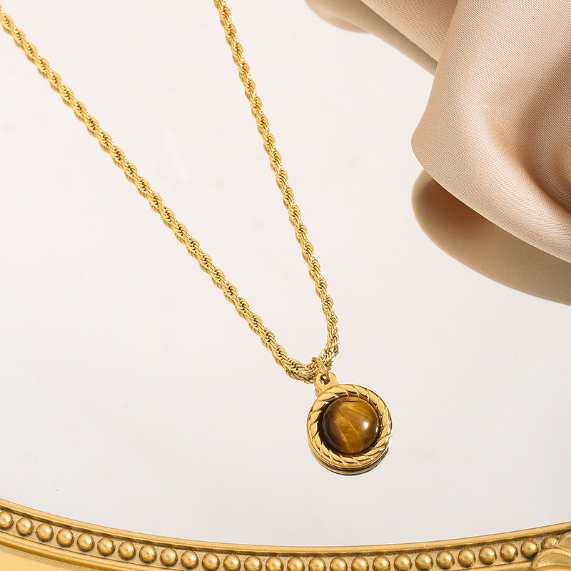 Cross-Border Hot Selling Natural Tiger Eye Stone Vintage Braided Titanium Steel Necklace for Commuting and Traveling Simple Elegant Jewelry Wholesale