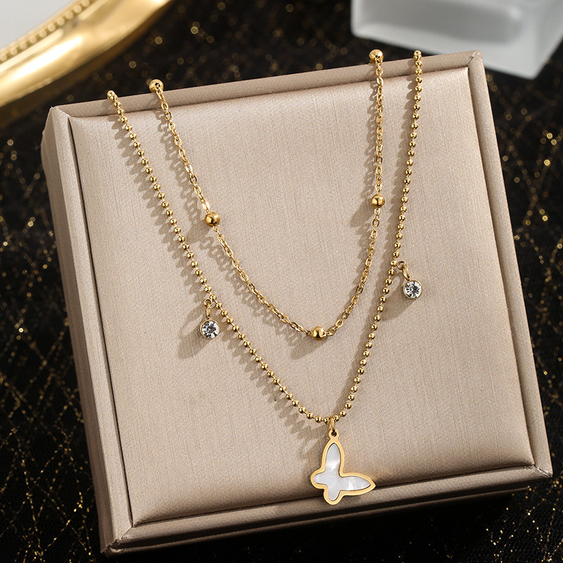 Cross-Border Fashion Simple Double-Layer Butterfly White Shell Titanium Steel Necklace for Women Light Luxury Versatile Bracelet Jewelry Set Trendy