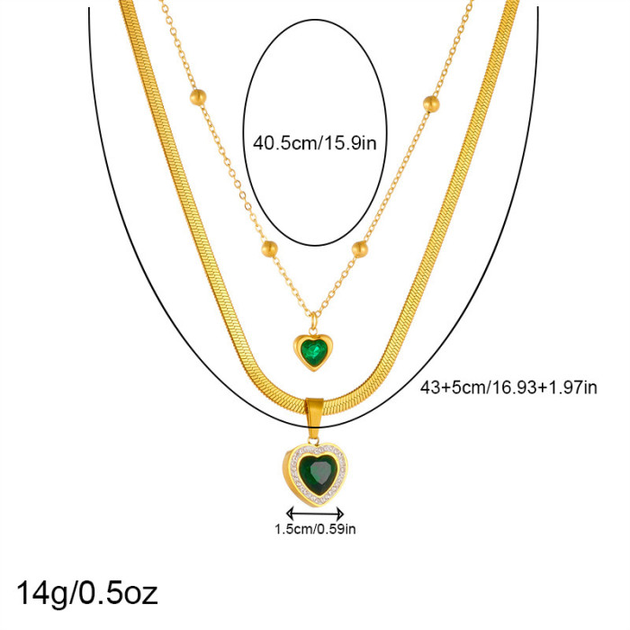 Fashion Vintage Style Stone-Studded Emerald Heart Accessories Chain Stainless Steel Bracelet Earrings Necklace Set,...