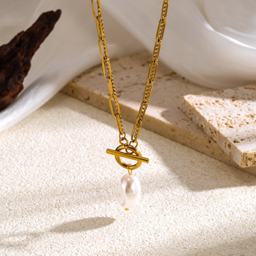 European and American New Style Simple Retro Baroque Pearl Irregular OT Double Layer Chain Metal Punk Stainless Steel Necklace