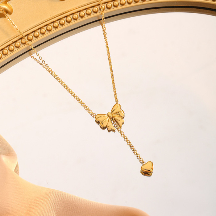 Titanium Steel Runaway Princess Tassel Heart Bow Necklace for Women Non-Fading Ins TikTok Hot Fashion Collarbone Chain