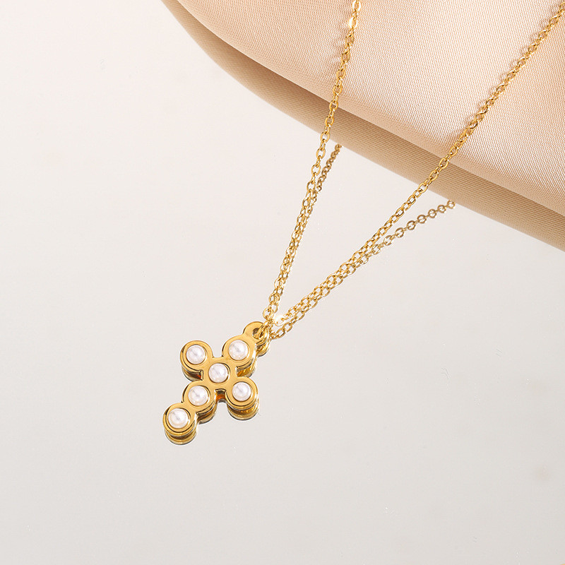 French Style Imitation Pearl Cross Light Luxury Pendant Necklace Niche Design Fashion Versatile Collarbone Chain Jewelry Wholesale