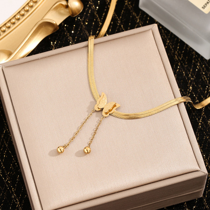 European and American Niche Light Luxury Stainless Steel Gold-Plated Matte Butterfly Pendant Fashion Snake Bone Chain Titanium Steel Tassel Necklace for Women