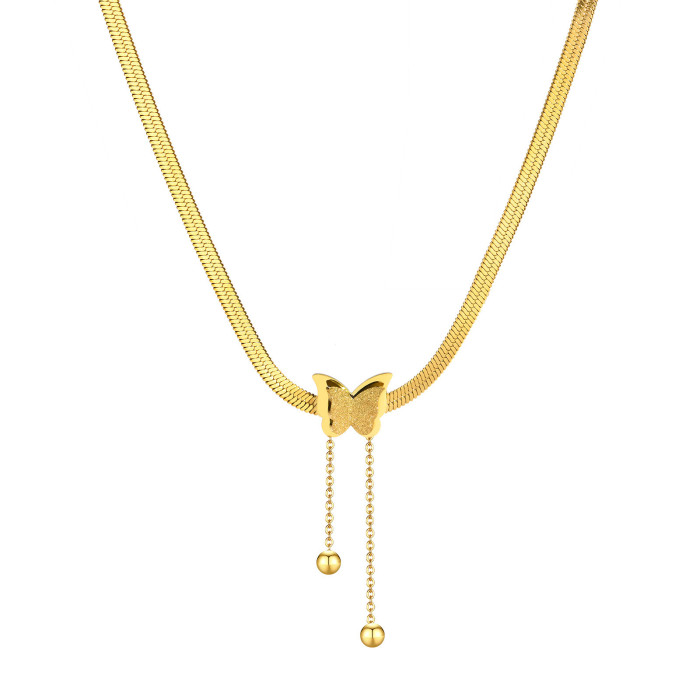 European and American Niche Light Luxury Stainless Steel Gold-Plated Matte Butterfly Pendant Fashion Snake Bone Chain Titanium Steel Tassel Necklace for Women