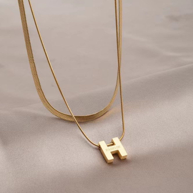 Titanium Steel Letter H Necklace Double Layer Stacked Simple Fashionable Elegant Collarbone Chain Light Luxury Niche Commuting Sweater