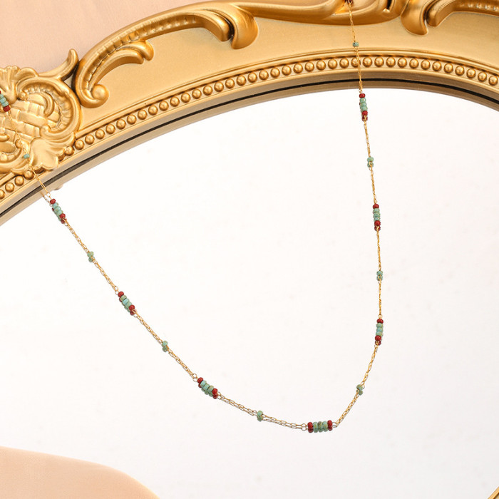 Light Luxury Antique Vintage Turquoise Pattern Glass Wine Red Color-Block Foreign Trade Beaded Titanium Steel Necklac...