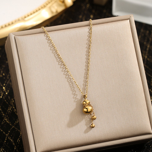 Vintage Gold Gourd Necklace Titanium Steel 18K Gold Fortune Mini Gourd Solid Small Round Ball Tassel Collarbone Chain for Women