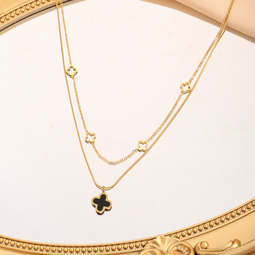 Internet Celebrity Fashion Titanium Steel Hollow Shell Four-Leaf Clover Layered Necklace Round Snake Bone Double Layer Necklace Pendant Factory Wholesale