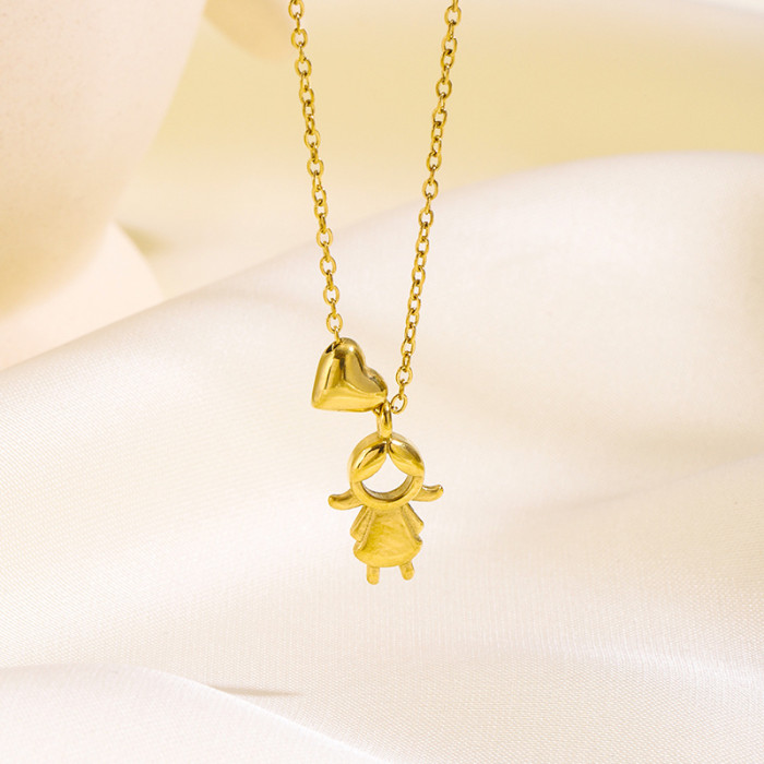 Cross-Border Hot Sale Family Boy Girl Couple Pendant Stainless Steel Necklace Gold-Plated Heart Light Luxury Versatile Collarbone Chain
