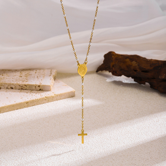 Geometric Portrait Round Pendant Cross Necklace Titanium Steel Gold Plated Material Collarbone Chain Jewelry for Women