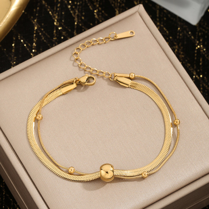Fashion Personality Punk Retro High-End Gold Plated Beaded Chain Titanium Steel Metal Jewelry Layered Necklace for Women
