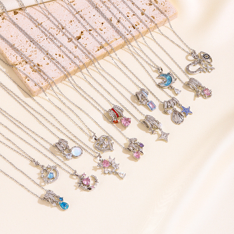 【Steel Color Copper Pendant】Korean Style Women's Elegant Full Zircon Copper Micro Inlay Necklace Simple Internet Celebrity Exquisite Collarbone Chain