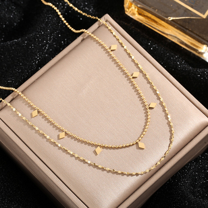 French Romantic Style Geometric Rhombus Pendant Splicing Double Layer Chain Stacking Necklace Titanium Steel Collarbone Chain