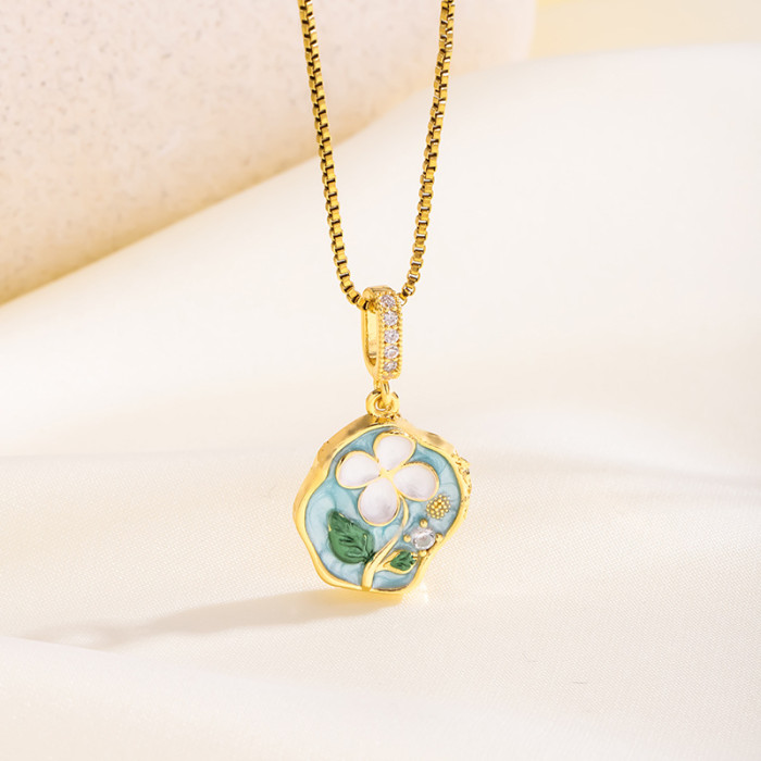 New Oil Painting Style Color-Block Three-Dimensional Inlaid Necklace Fashion Design High-End Light Luxury Versatile Glaze Flower Collarbone Chain