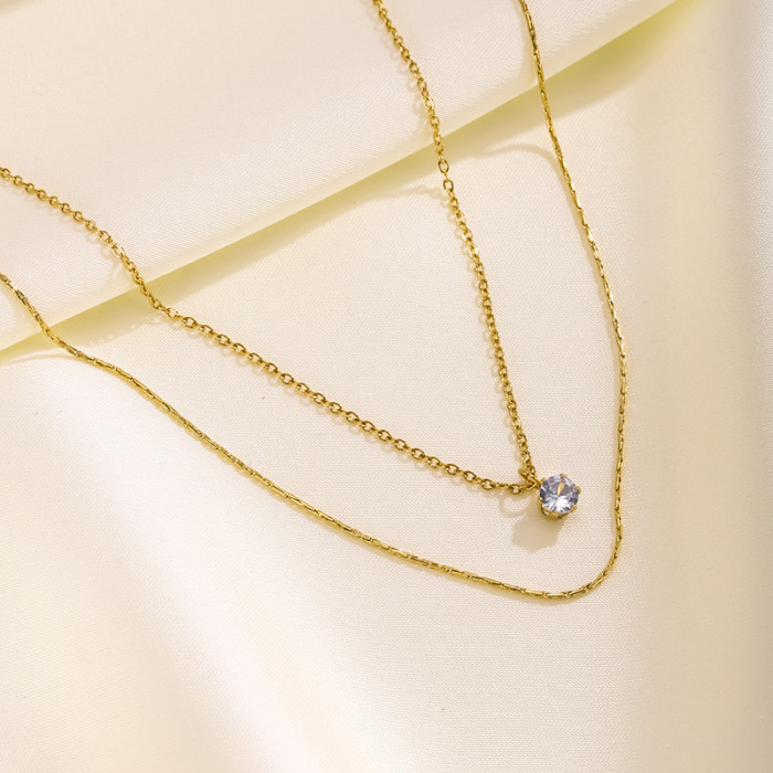 French Style Light Luxury New Sparkling Diamond Double Layer Titanium Steel Necklace for Women Simple Choker Petite Design 18K Gold Plated Collarbone Chain