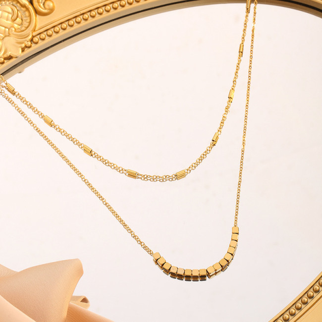 Cross-Border Chic Style Square Tassel Double-Layer Necklace Jewelry for Women, Non-Fading, Niche Design Sense Collarbone Chain