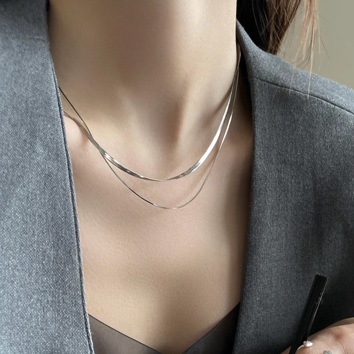 Double Layer Stacked Titanium Steel Snake Bone Chain Niche Design Sense Silver Necklace for Women Minimalist Style Cl...