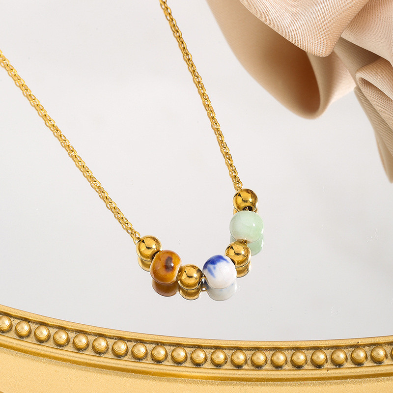 Cross-Border Hot-Selling Ceramic Round Bead Titanium Steel Necklace Collarbone Chain Ins High-End Niche Titanium Steel Non-Fading Jewelry for Women