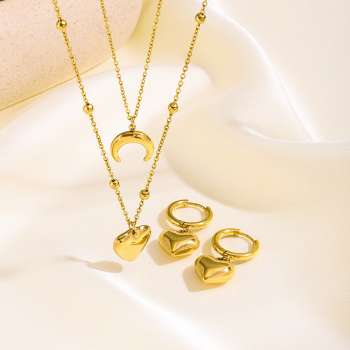 European and American Cross-Border Retro Double-Layer Stacked Stainless Steel Moon Heart Necklace for Women, Light Luxury Versatile Trendy Jewelry Wholesale