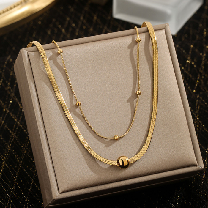 Fashion Personality Punk Retro High-End Gold Plated Beaded Chain Titanium Steel Metal Jewelry Layered Necklace for Women
