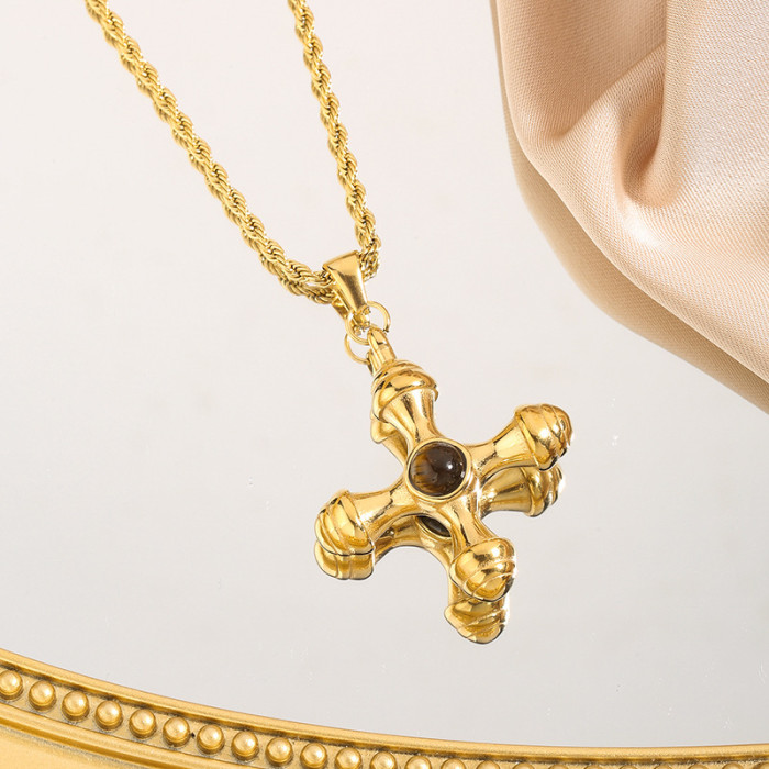 Amazon Trendy 18K Gold Stainless Steel Cross Inlaid Tiger Eye Necklace Non-Fading Fashion Versatile Jewelry Wholesale
