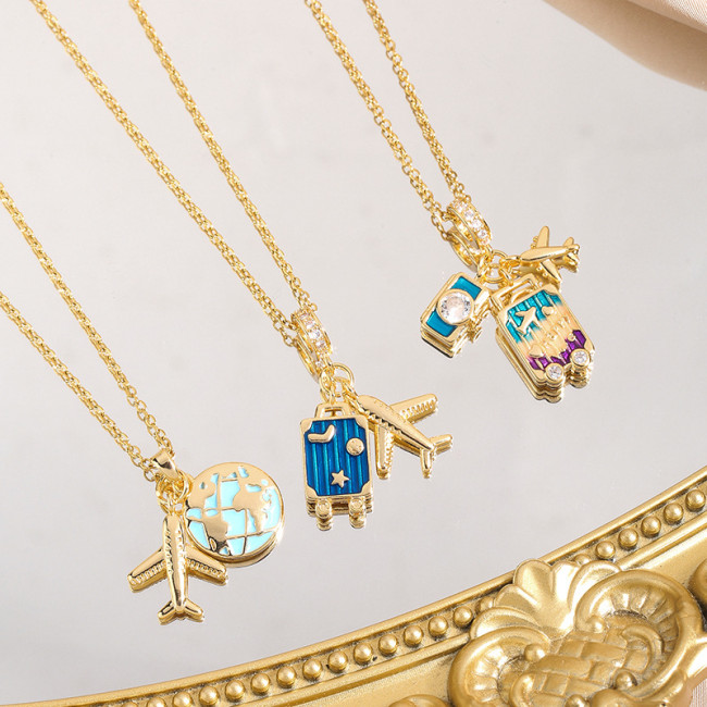 Global Travel Necklace for Women Rainbow Oil Drop Camera Suitcase Airplane Pendant Fashion Light Luxury Design Sense Clavicle Chain