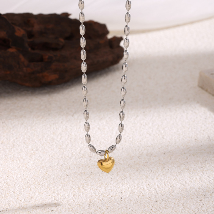 Metallic Style Color Block Heart Bead Chain Necklace Simple Elegant Niche Design High-end Feel Everyday Versatile Collarbone Chain