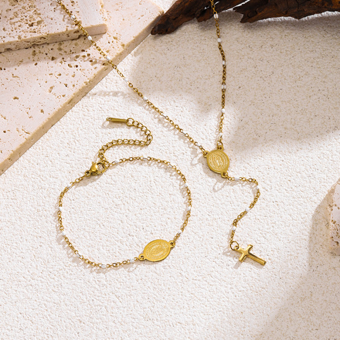 Geometric Portrait Round Pendant Cross Necklace Titanium Steel Gold Plated Material Collarbone Chain Jewelry for Women