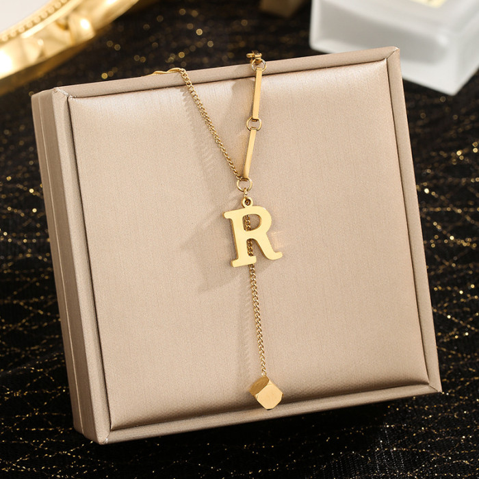 Jewelry Niche High-End Stainless Steel 26 Letter Necklace for Women Small Square Tassel Pendant Collarbone Chain